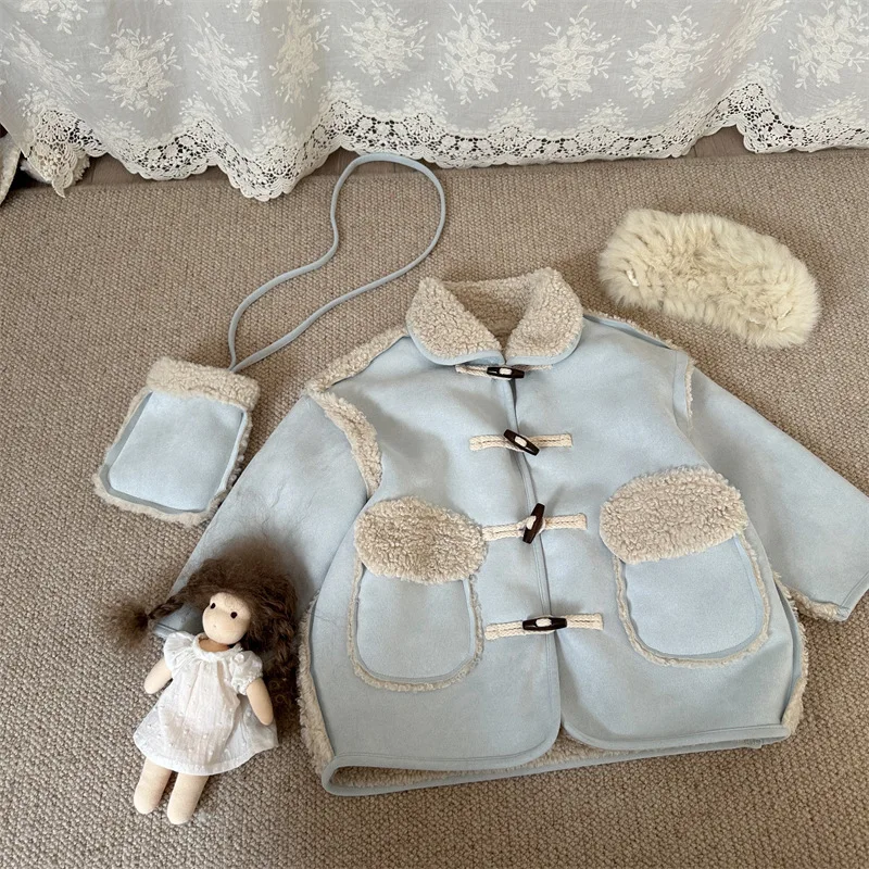 Children Coats 2025 Winter New Lapel Faux Fur One-piece Wooden Buckle Coat Plus Velvet Baby Girl's Coat with Belt Bag
