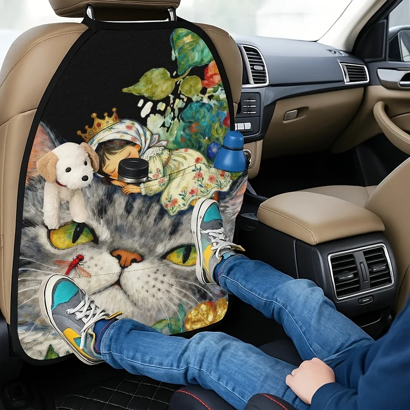 Car Seat Back Covers With Storage Pockets - Cute Princess Girl Sleeping On Giant Cat With Dragonfly Pattern, Whimsical Style