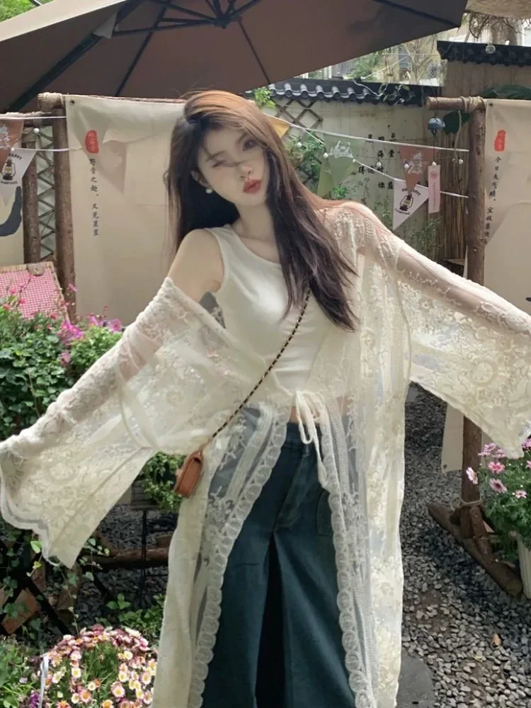 

Hook Flower Shawl Sun Protection Cardigan Coat Autumn Lazy Style Loose Shirt Sweaters Mid-length Loose Top Women Lace Y2k