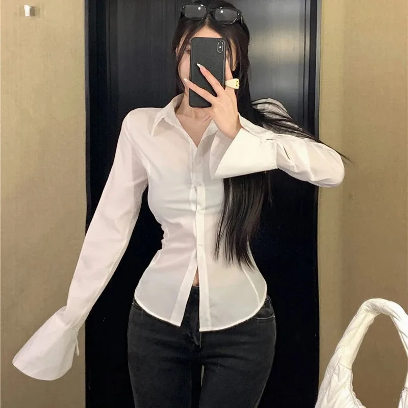 WAKUTA Fashion Women Bandage Shirts Korean All Match Streetwear Female Slim Blouse Spring Casual White Bell Sleeve Shirt 2024