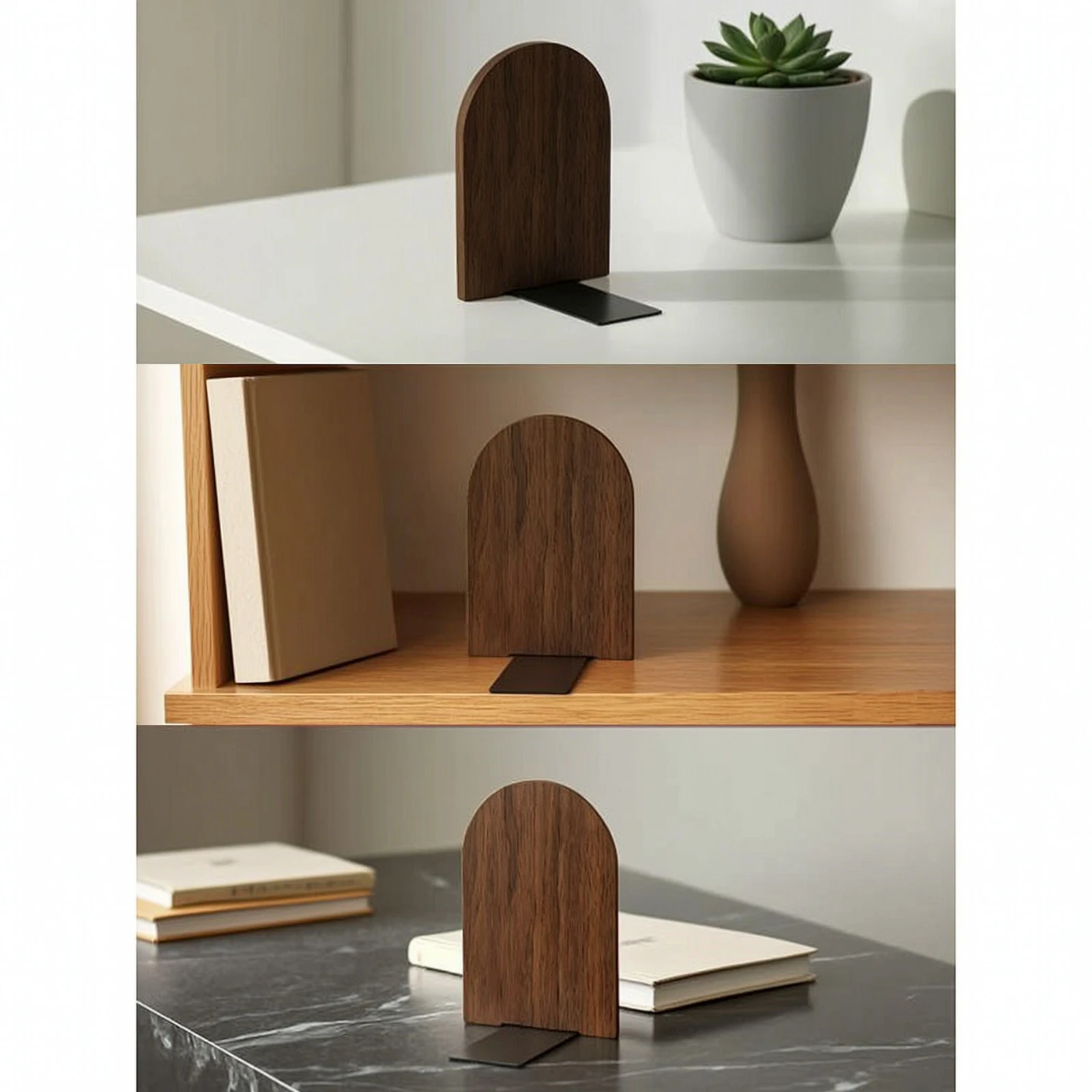 Wooden Bookend with Metal Base Non Skid Desktop Bookend Bookcase Bookends Heavy Duty Desktop Book Organizer Compact for Readers