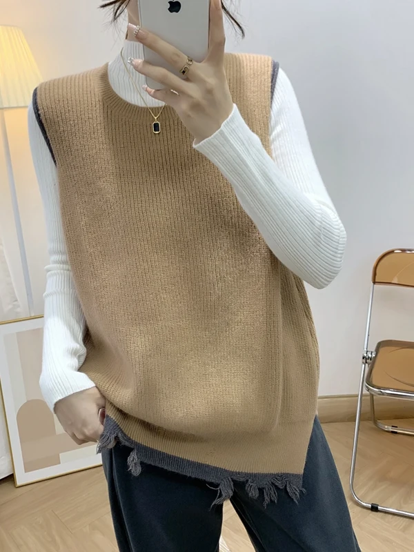 

Trendy Knitted Svel Vest Women's Overhead Loose Outerwear No-Bust Sweater Vest round Ne Frayed Faion Sle