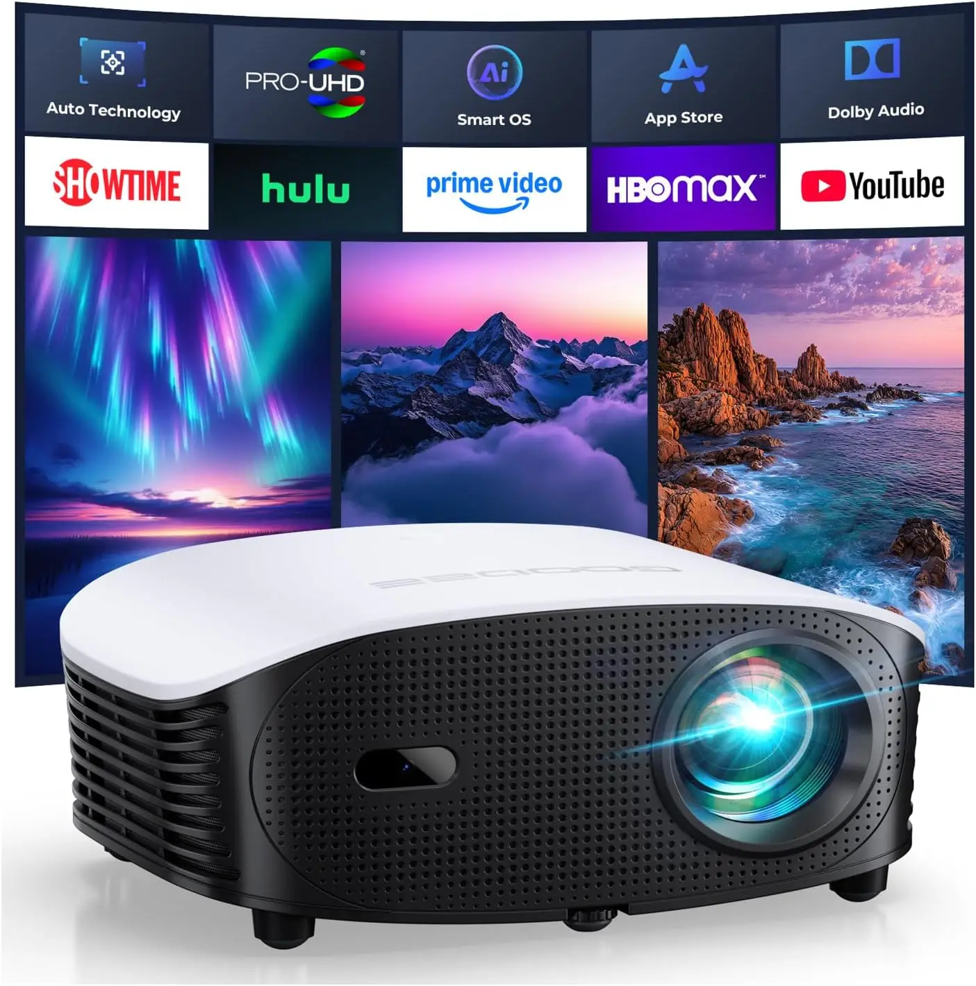 AI Smart Mini Projector with WiFi and Bluetooth - FHD 4K Support, Compatible with Netflix/YouTube, Auto Focus & Keystone, Dolby