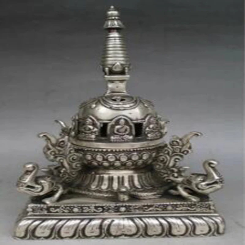 

9" Old Tibet Tibetan Silver Buddha Statue The Pagoda Statue of Elephant Tower