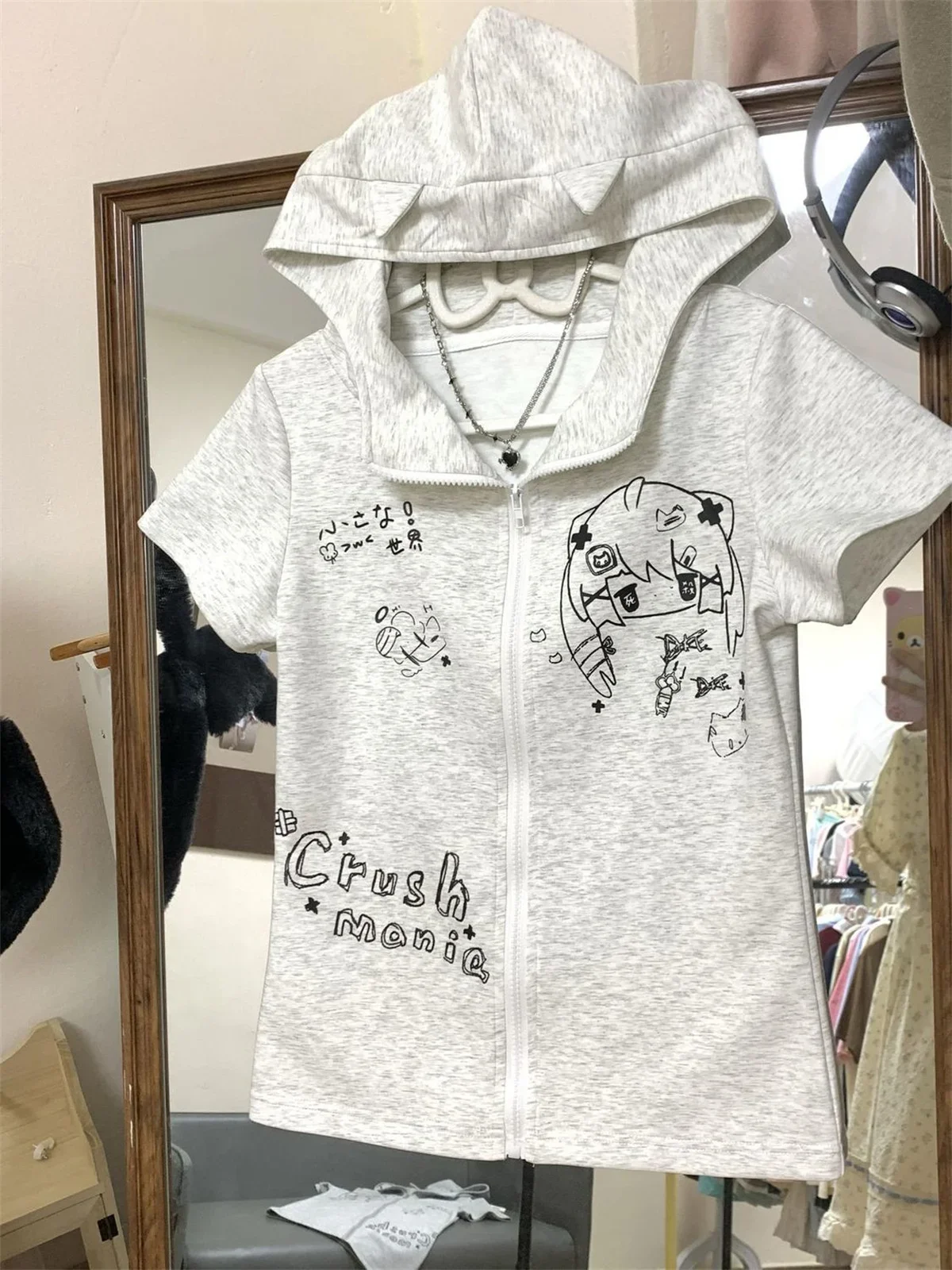 Japanese Kawaii Thin Short Sleeve T-Shirts Women Design Casual Slim Hooded Tops Female Summer Sweet New Zipper Lovely Outfits