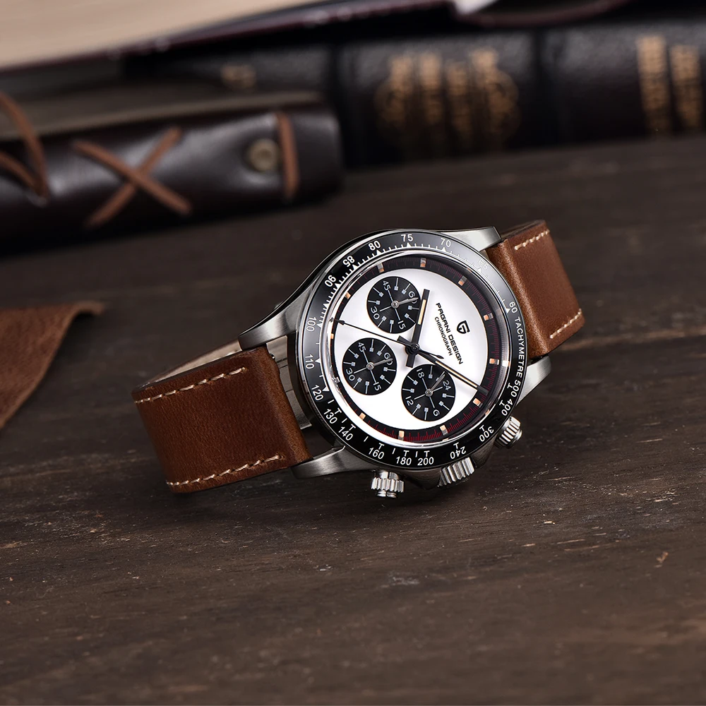 Jam Tangan Kuarsa Pria Desain PAGANI Antik 2023 Pergerakan VK63 Jam Tangan Baja 316L 40Mm Gelang Kulit Dial Tiga Mata Putih Penolakan