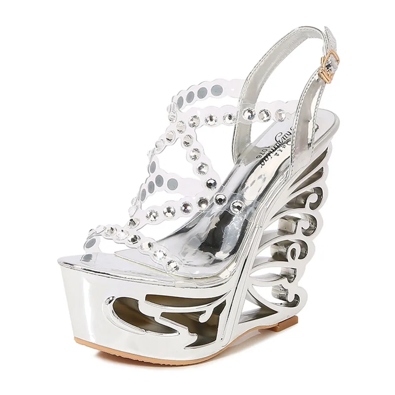 

Summer New Hollow Out Wedge Women's Pumps Shiny Sequins Fashion Party Shoes Club Heels Transparent Narrow Belt Sandals