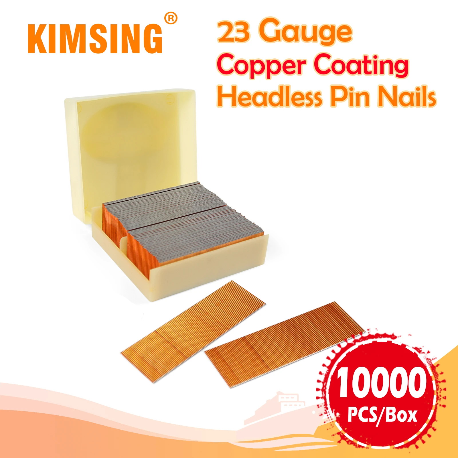 

KIMSING P620 23 Gauge 20mm Length Copper Coating Headless Pin Nails 10,000 PCS/BOX for Woodworking, Cabinets, Windows, Doors