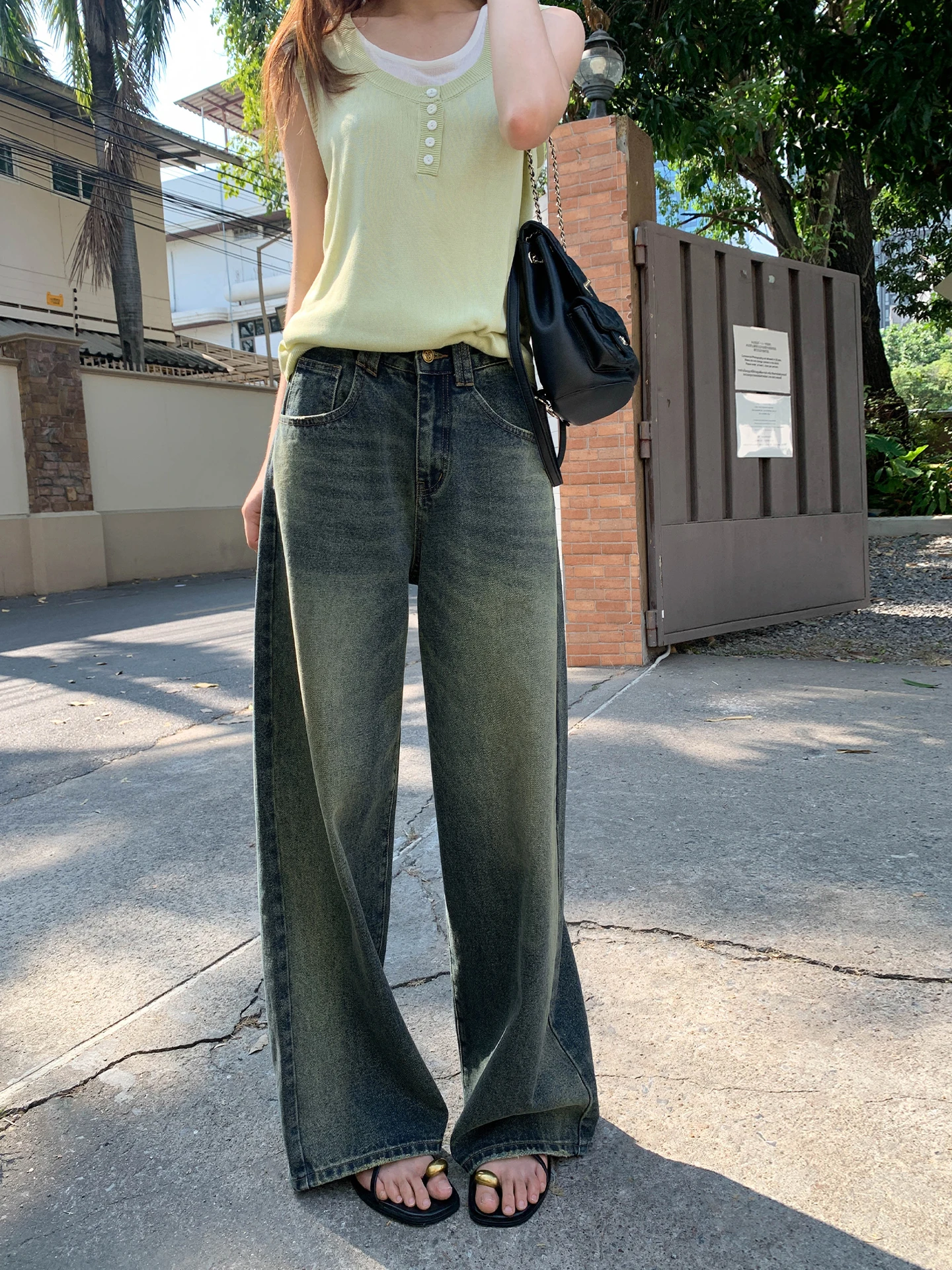 

Heavy Industry Retro Color Block Straight Leg Jeans High Waist Wide Leg Pants Ladies Jeans No Stretch Summer Collection
