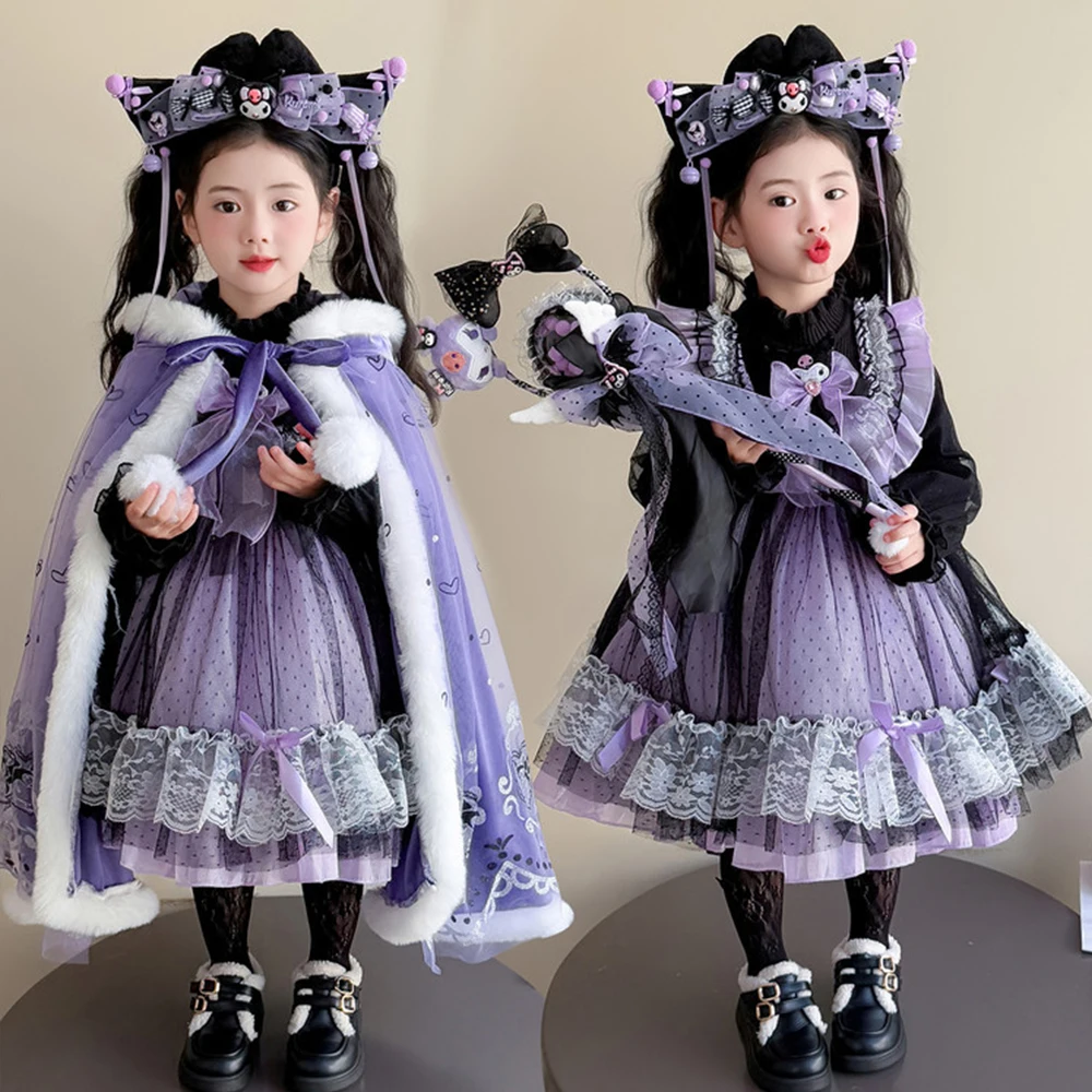 

Kawaii Kuromi детское платье-свитер в стиле Лолиты, плащ в стиле аниме, праздничное платье принцессы для девочек, утепленная теплая пышная юбка, рождественский подарок