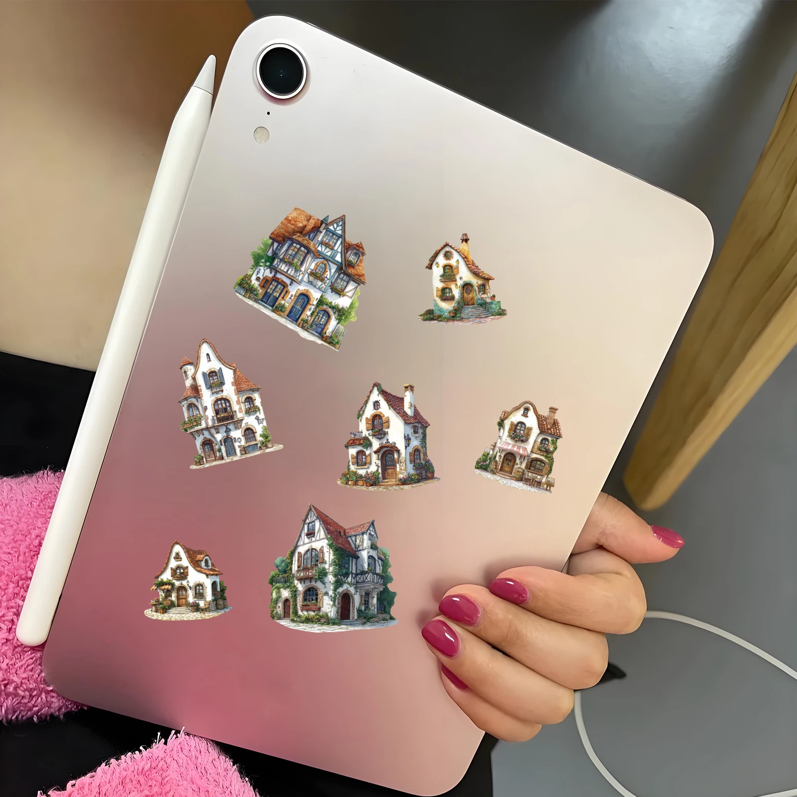15 個ヨーロッパ小さな家建物レトロ PET ステッカーラップトップ荷物 Diy 装飾家の装飾おもちゃ文具ステッカー