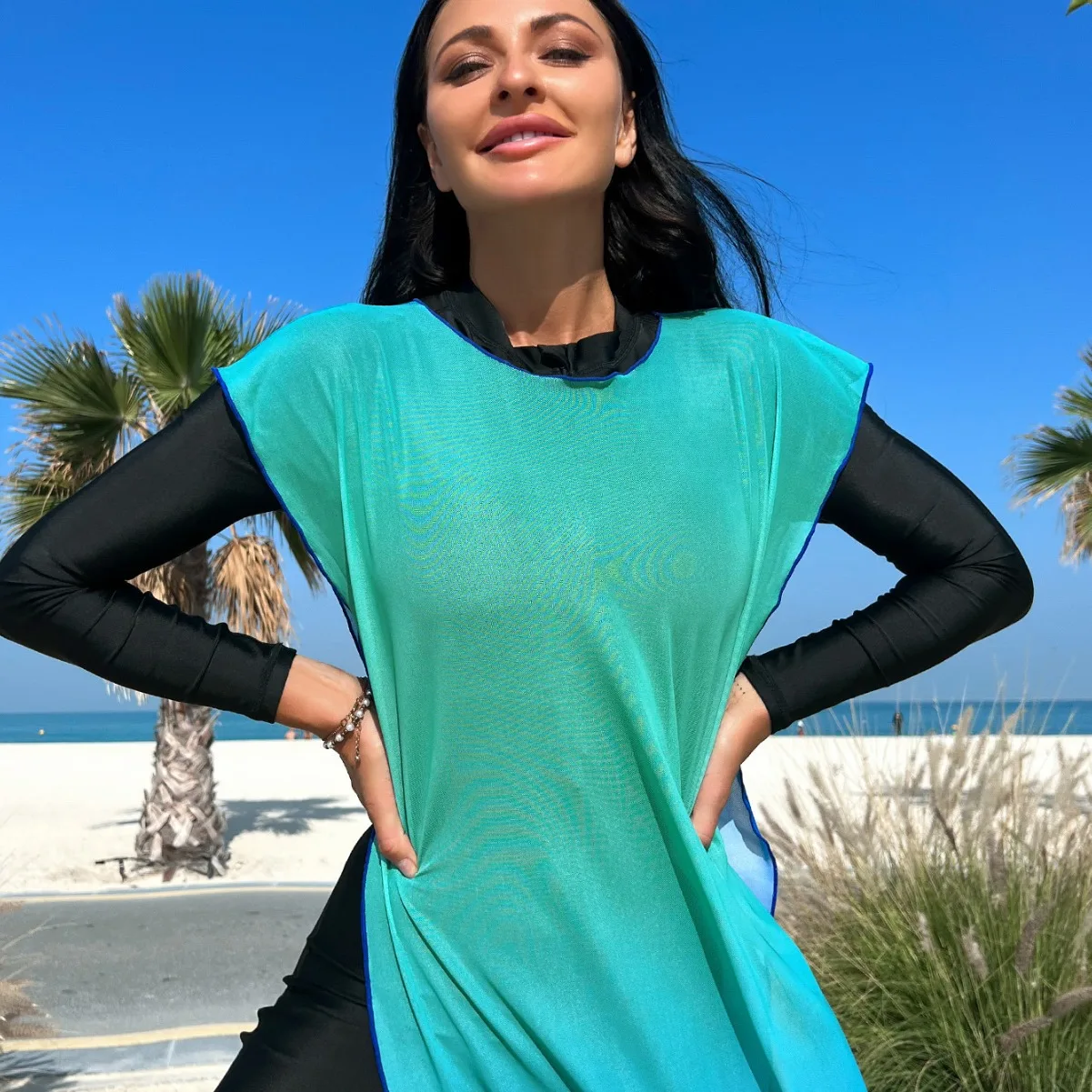 Burkini Muçulmanas Swimwear, maiô preto, gradiente azul, blusa verão Beach Wear, roupa de mergulho, Surf Wear, novo