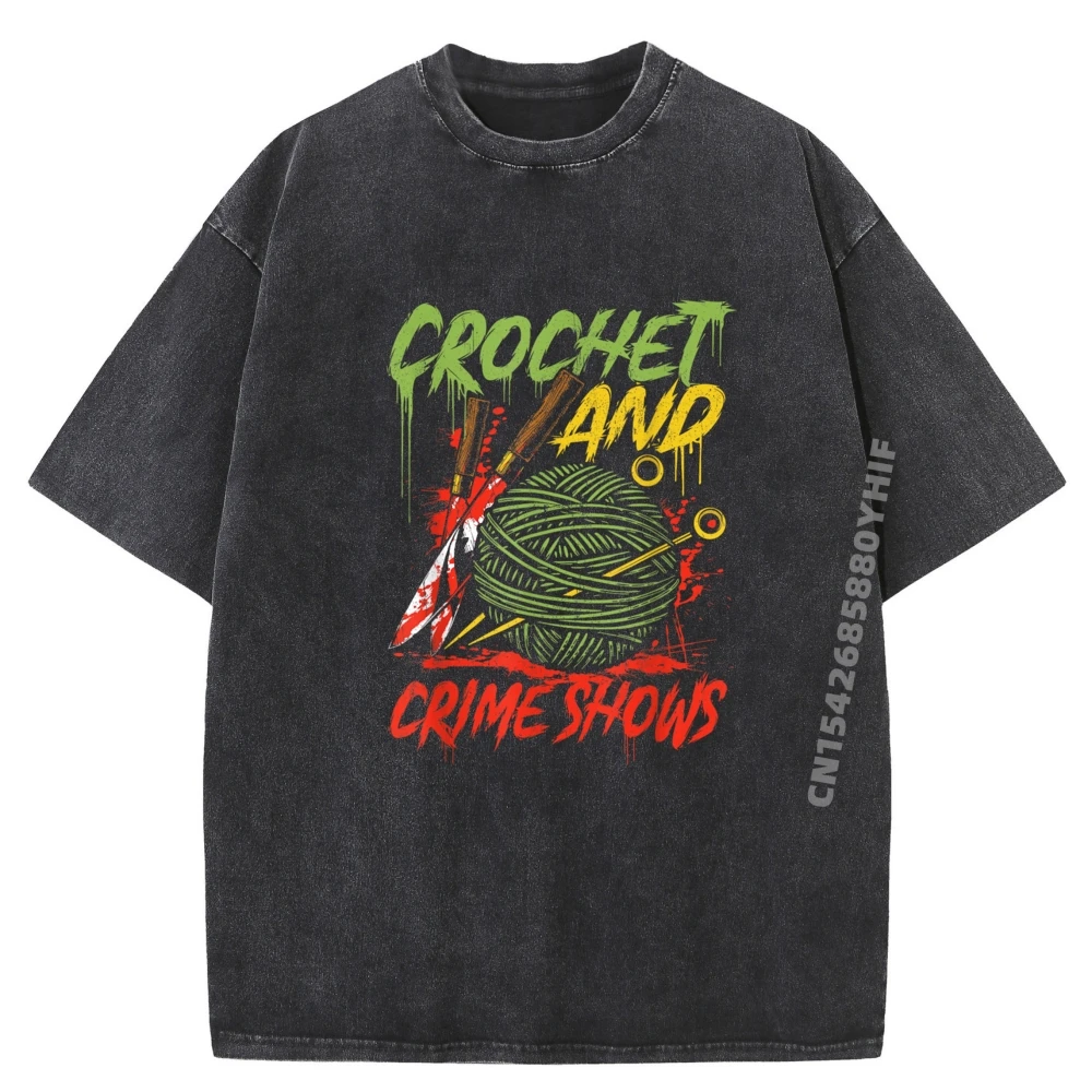 

Crochet and Crime Shows Funny Crime Show Lover Knitting Mens Clothing Trendy Graphic T Shirts Men Oversized Washed Shirt