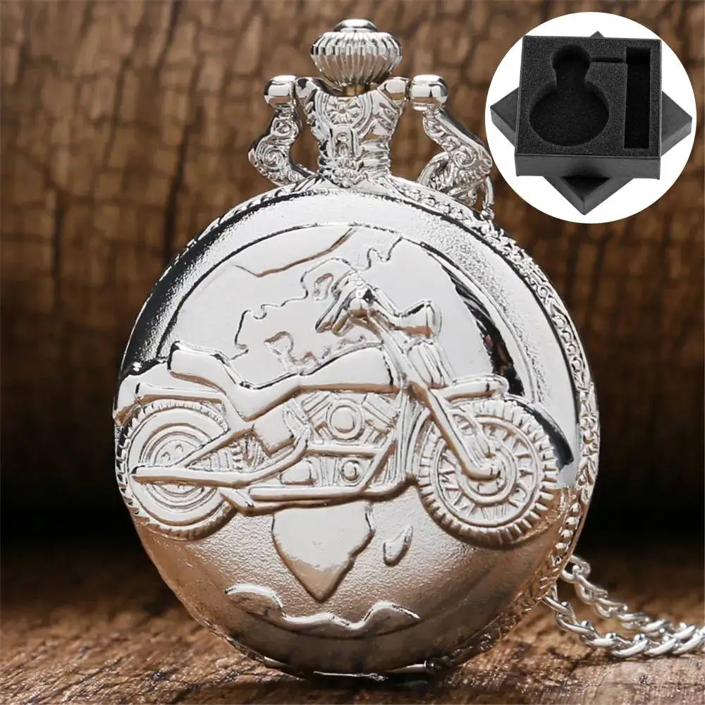 Punk Vintage Motorcycle Decor Quartz Pocket Watch Arabic Numerals Dial Silver/Bronze Chain Pendant Pocket Clock Gift Men Women