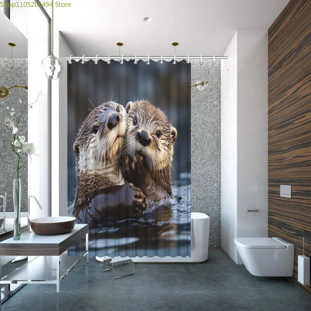 

1pc Otter Embrace Shower Curtain - Watercolor Style Brown & White Fur with Expressive Eyes, Polyester Fabric Bathroom Decor, 1