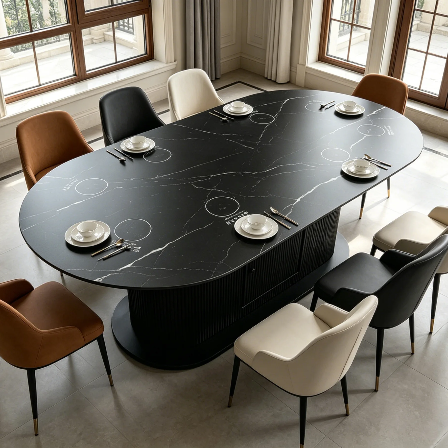 Oval dining table one person one pot induction cooker rock slab small apartment 4-15 people hotel