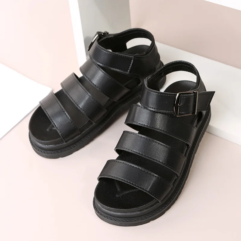 Roman sandals thick-soled Leather Summer 2023 new beach flat muffin platform shoes women's metal buckle black women's sandals