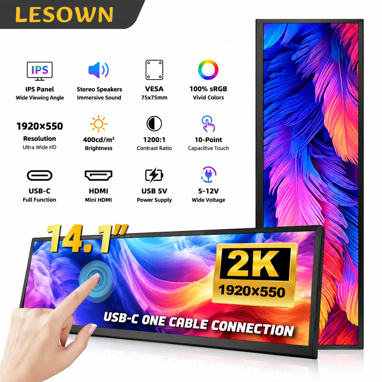 LESOWN 14.1 Inch Portable Monitor 1920x550 IPS Touchscreen Driver-free Travel Display with Speakers for Laptop