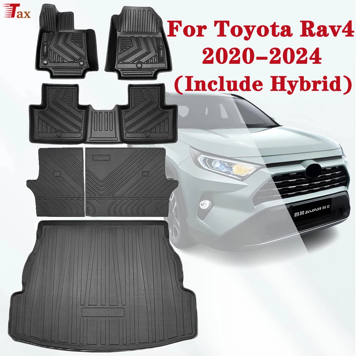 

Автомобильный напольный коврик и подкладка для груза, совместимый с Toyota Rav4 2020-2024, напольные коврики для багажника, подкладка для любых погодных условий, полный комплект защиты