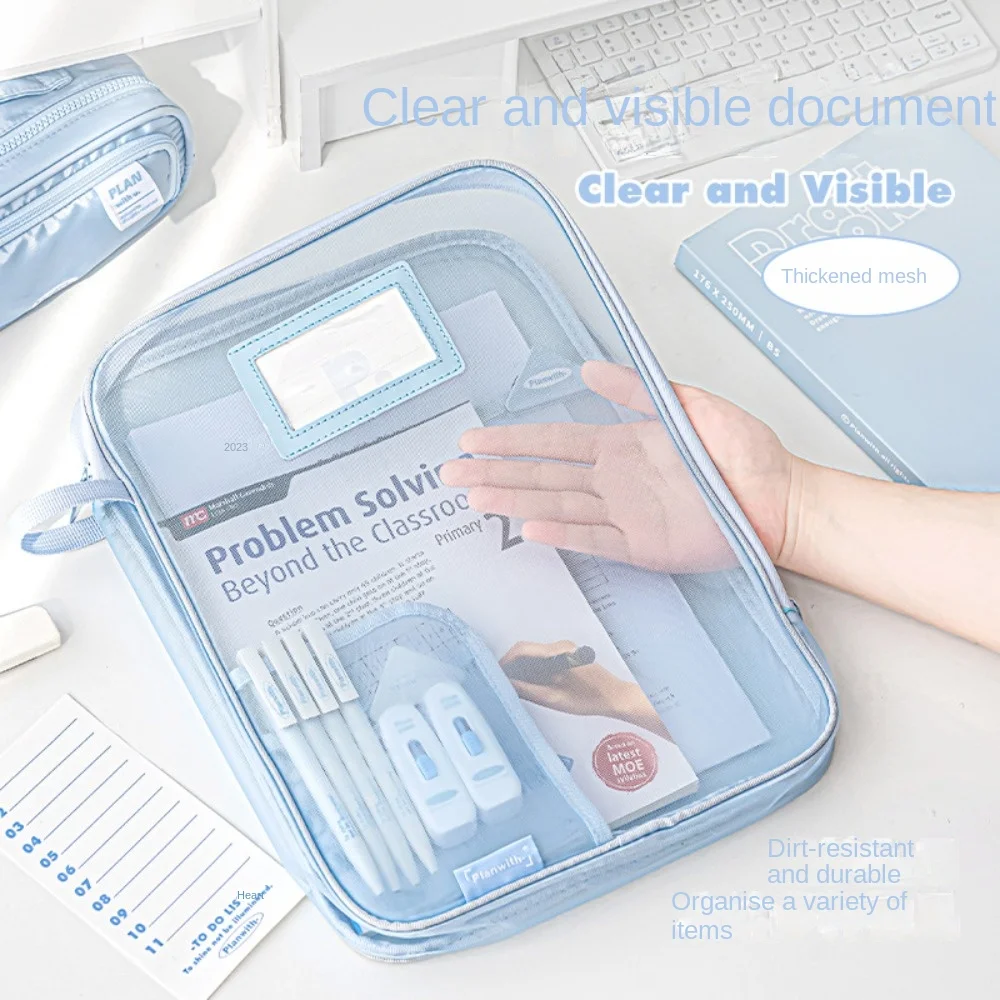 A4 Nylon Mesh File Bag Transparent Solid Color File Folder Bag Large Capacity Multifunctional File Pocket School Office Supplies