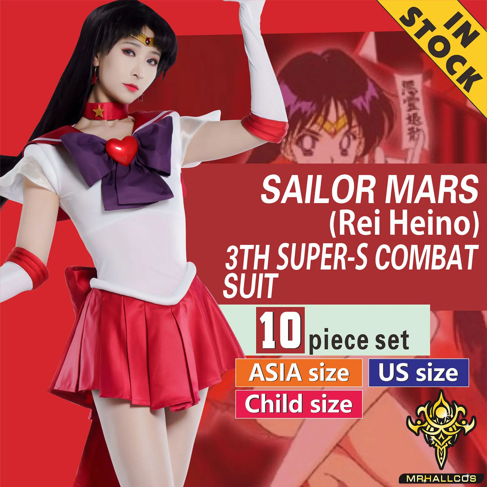 MRHALLCOS Anime Cosplay Sailor Mars Rei Hino Moon SuperS Crystal Dress Outfits Costume Halloween Party Kid Adult Women Plus Size