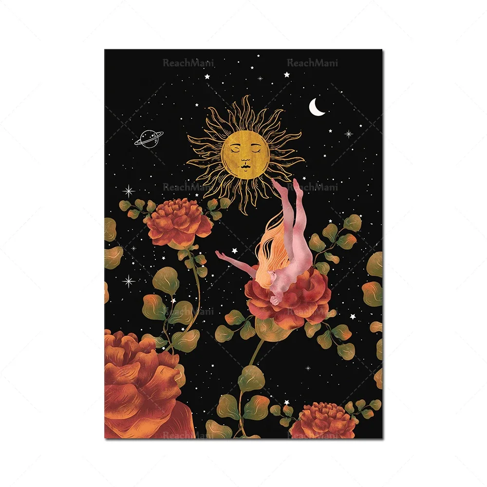 

Небесные звезды, луна, волшебные принты, солнечное искусство, принт плаката ведьмы, галерея, настенный домашний декор