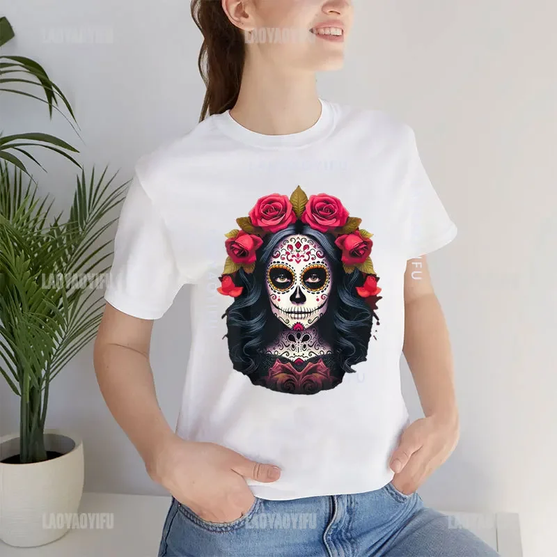 Sugar Skull Mexican Cotton Tees O-neck Female Unisex T Shirt Viva Mexico Women's TShirt Mexican Skull Day of The Dead Girls Tops