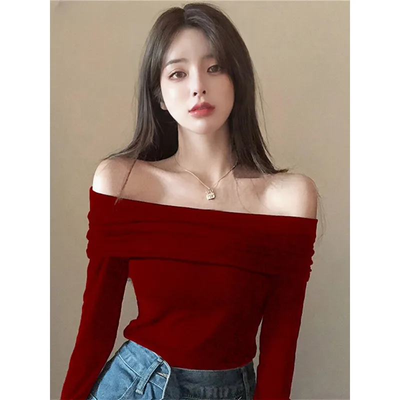 

Retro Red Pullovers Women Slash Neck Slim Long Sleeve Short Sexy Pleated Hotsweet Chic Spring Streetwear All-match Fashion Cozy