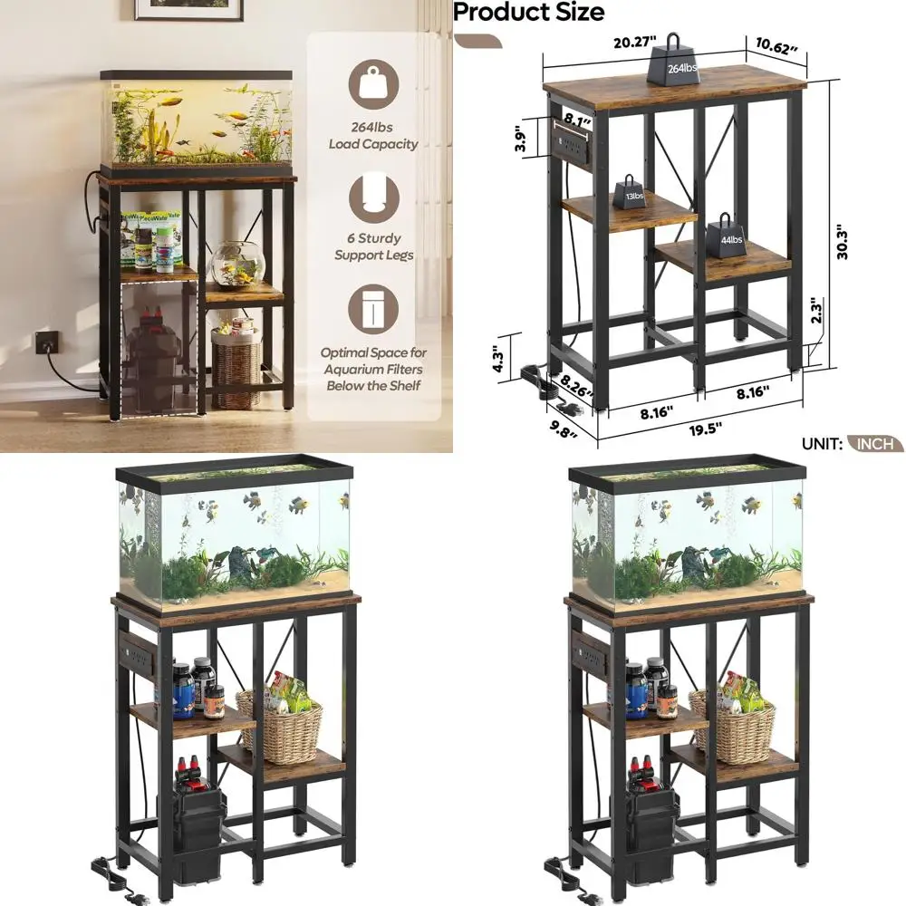 

10 Gallon Aquarium Stand with Power Outlet, Metal Frame, 3-Tier Storage, 264lbs Capacity, Rustic Brown