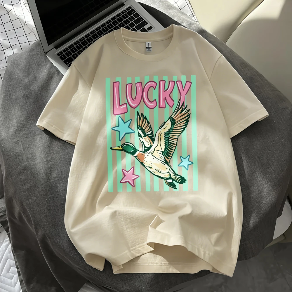 Lucky Mallard Duck Printing Cotton T-Shirts Womens Summer Short Sleeve T Shirts Basic O-Neck Oversized Tops Casual Soft Clothes
