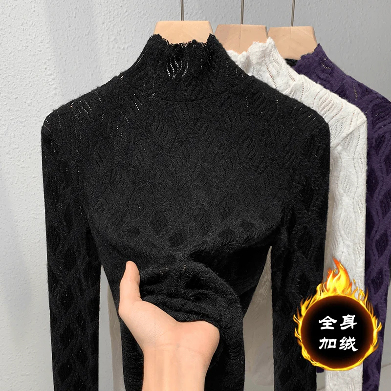 Camisa básica de encaje cepillado de gama alta, cuello semialto de terciopelo, moda y elegante, manga larga ajustada, novedad de otoño e invierno de 2024