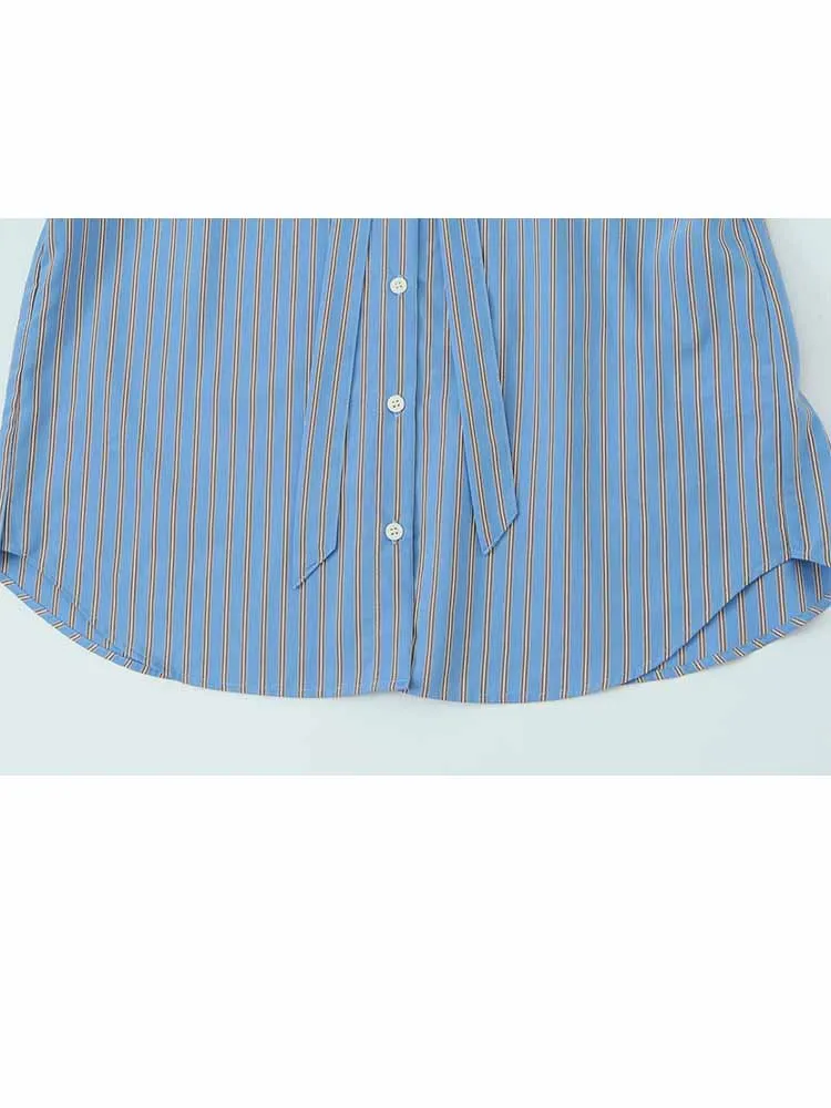 HH Nuova Donna All'inizio della Primavera Moda Maniche Lunghe Elegante Fiocco Decorazione Strisce Camicia Allentata Pendolarismo Femminile Top Versatili