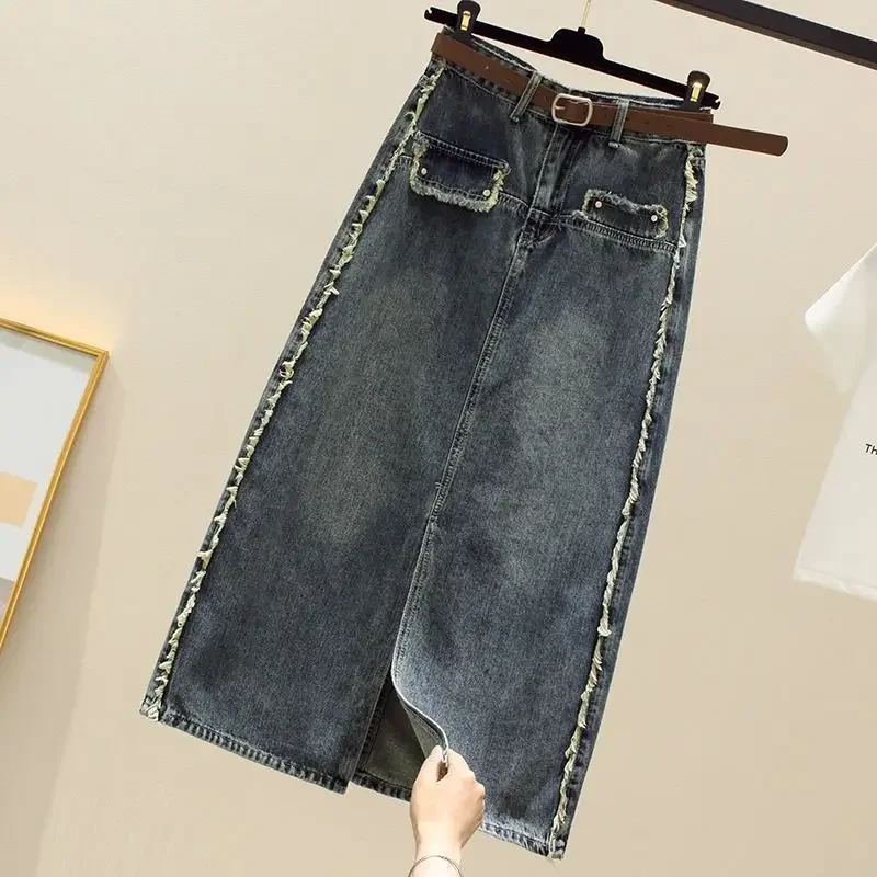 Vintage Split High Waist Denim Skirt A-line Women Summer 2024 Korean New Raw Hem Medium Length Jeans Skirt F91