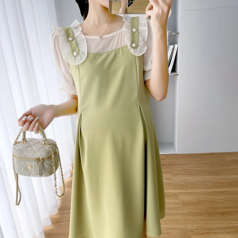 

Summer Hubble-bubble Sleeve Pregnant Women Dress Ruffles Patchwork Maternity Chiffon Dress Sweet Pregnancy Knee-length Dresses