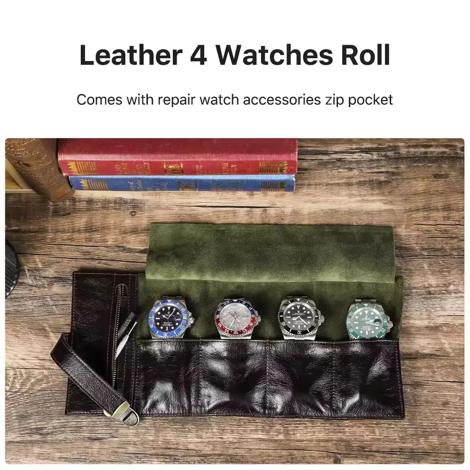 4 Slots Genuine Leather Watch Storage Bag Roll up Watch Bag Portable Travel Display Smart Watch Storage Box ﻿