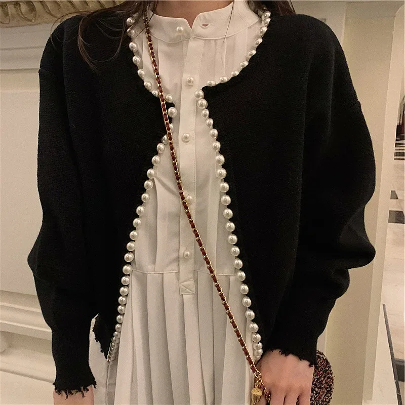 2024 Autumn New Casual Temperament Round Neck Pearl Edging Knitwear Short Long Sleeve Heavy Cardigan Sweater Fashion Coat Women