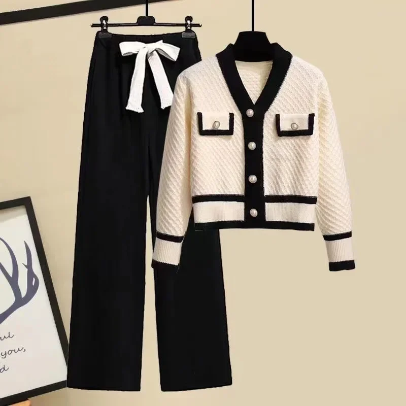 Spring Autumn Casual Women's Two-Piece Set Korean Age-Reducing College Style Cardigan Button Sweater And Loose Pants Fashionable