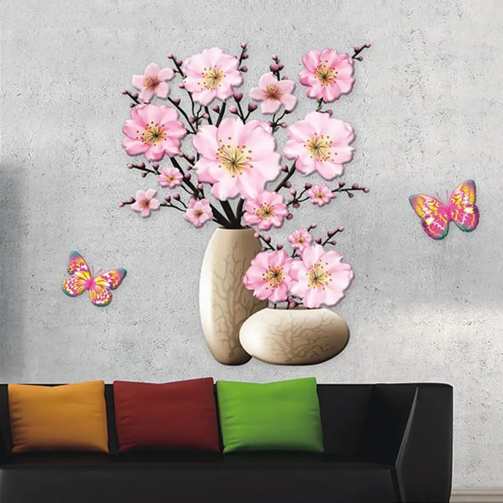 Autocollant mural étanche avec vase, joli papillon, décalcomanies florales, décoration de bricolage, autocollants perfec3D, fenêtre de la maison,