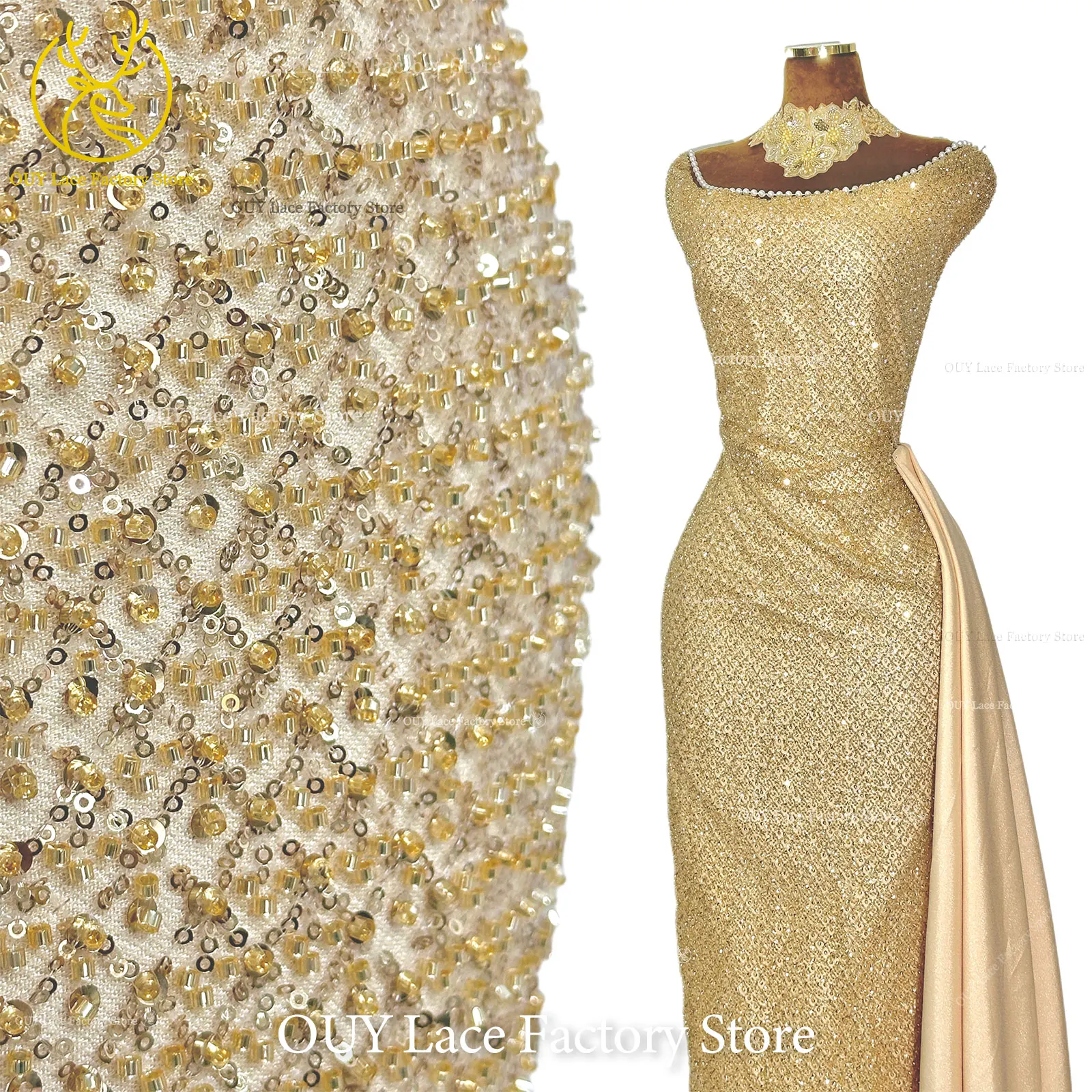 

Gold French Sequins Mesh Lace Fabric 2026 High Quality African Beaded Lace Fabric Nigerian Embroidery Wedding Party Lace Fabric