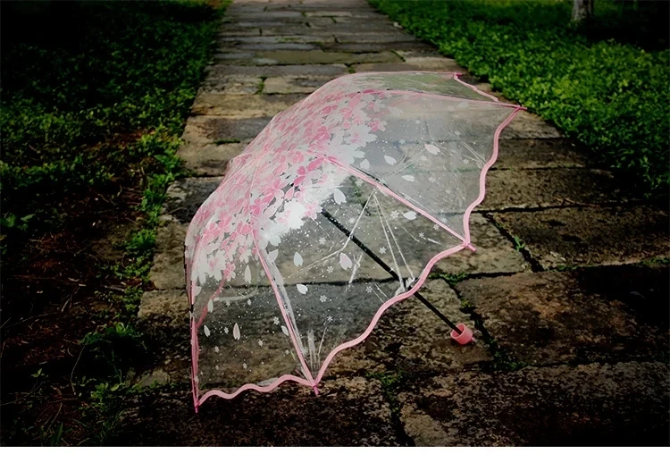 Fashion Thicken PVC Three Fold Transparent Cherry Blossom Ladies Umbrella Clear Outdoor Windproof Women Rain Umbrellas Dropship