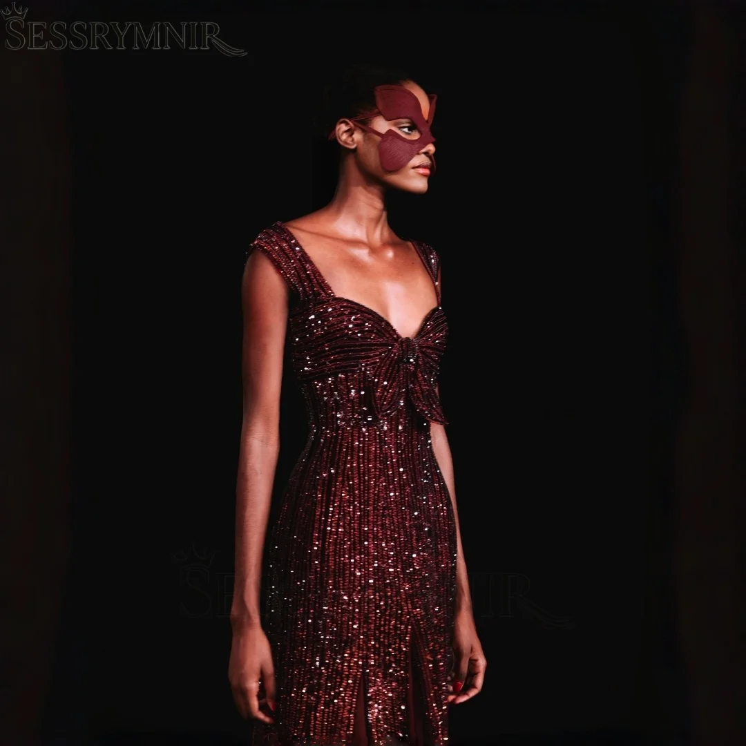 SESSRYMNIR Women'S Formal Evening Gowns Customize Square Neck Burgundy Evening Dresses Sleeveless Floor-Length Dubai Dresses