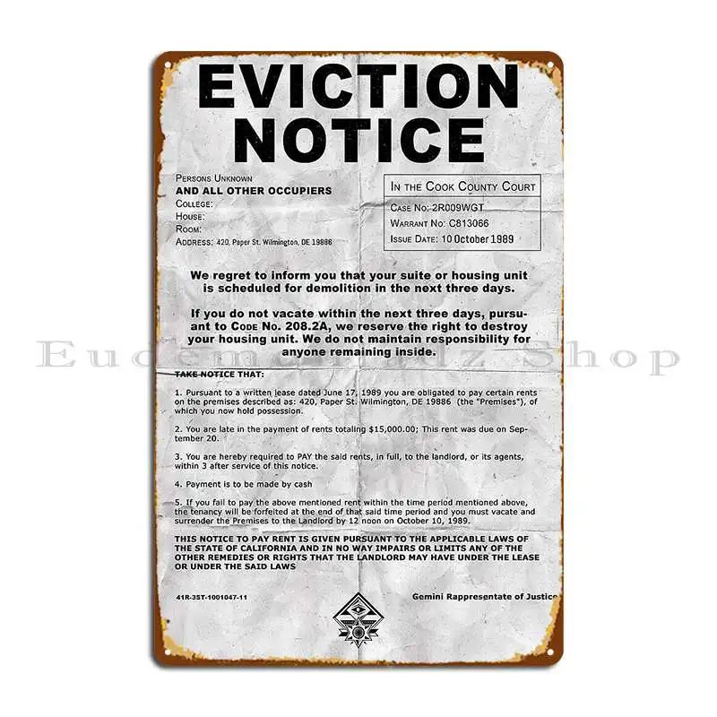 Eviction Notice Metal Sign Kitchen Garage Customized Wall Custom Pub Tin Sign Poster