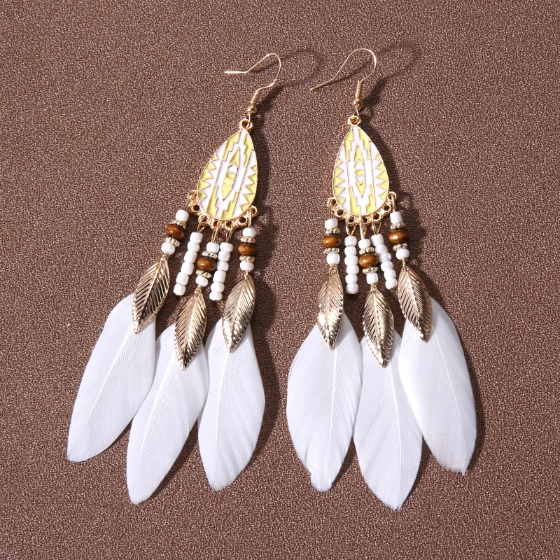 Bohemian Vintage Lange Weiße Feder Ohrringe für Frauen Ethnische Temperament Gold Farbe Kette Quaste Ohrringe Boho Hochzeit Schmuck – Detail 18