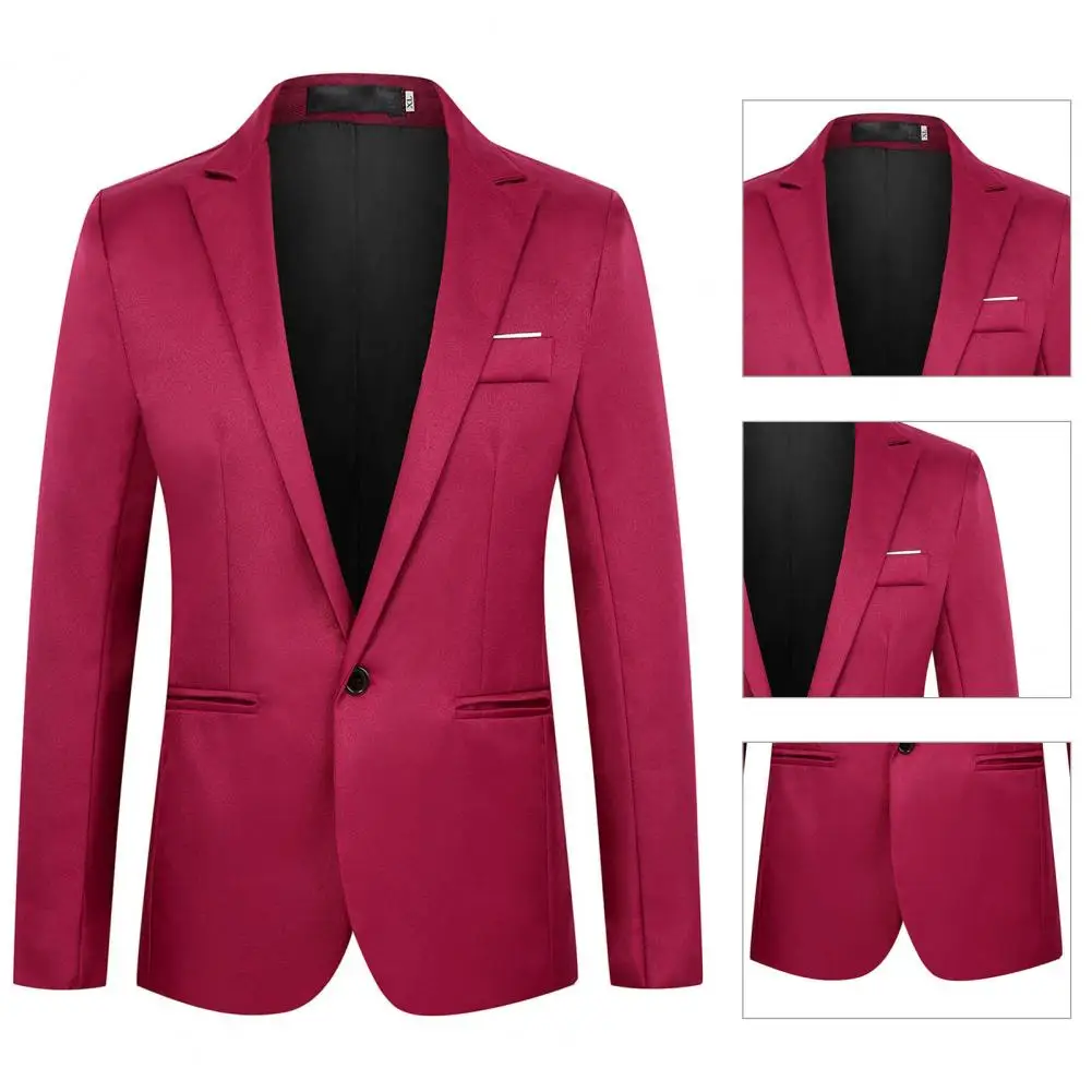 Men Blazer Suit Jacket Lapel Long Sleeve Classic Solid Color Slim Suit Coat Wedding