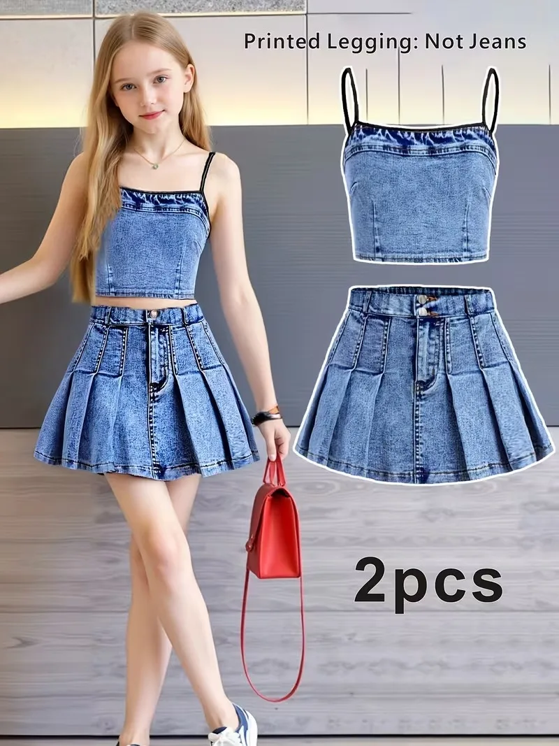 Modisches Sommer-Zweiteiler-Set für Mädchen: Jeans-Tanktop und hochtaillierter Faltenrock (mit Jeans-Print)