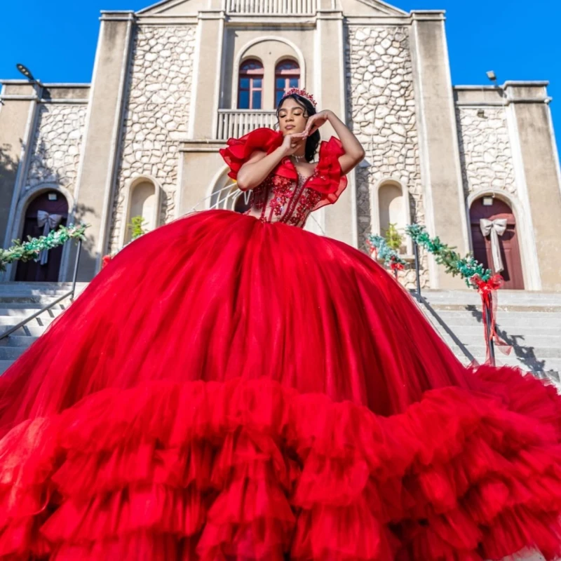 

Red Quinceanera Dresses Off The Shoulder Applique Lace Beading Crystal Tiered Tull Ball Gown Vestidos De 15 Anos Sweet 16 Dress