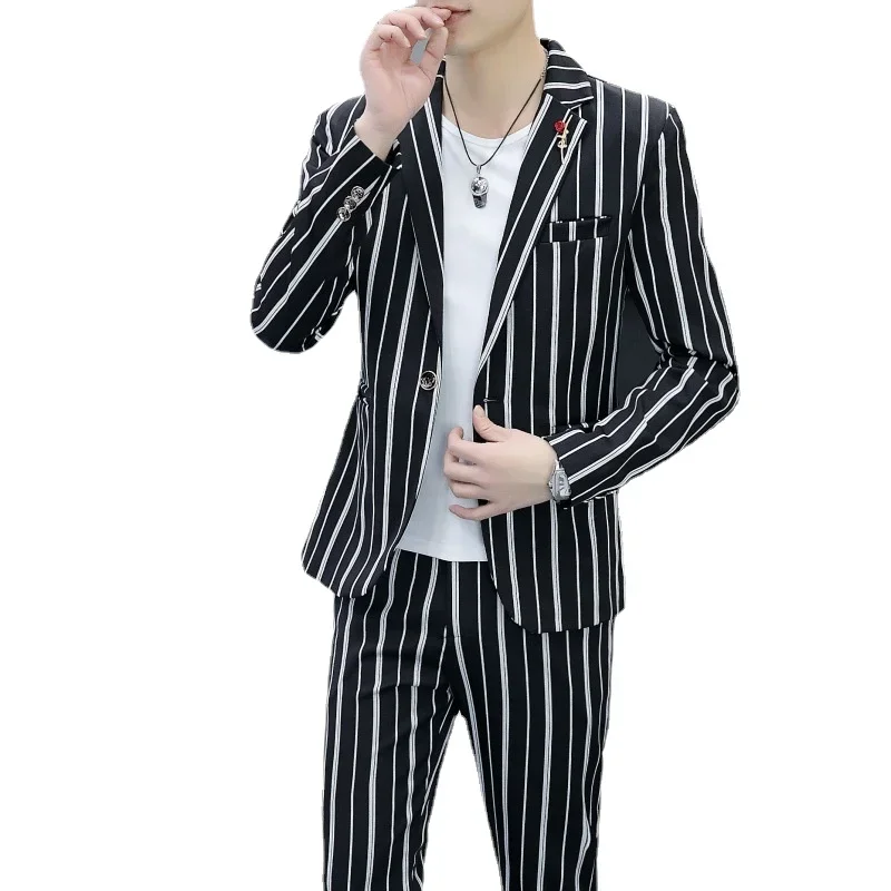 Suit Men (blazer+trousers) Fashion Business Casual Striped Harbour Style Slim-fit Gentleman Wedding Work Wedding Suits for Men