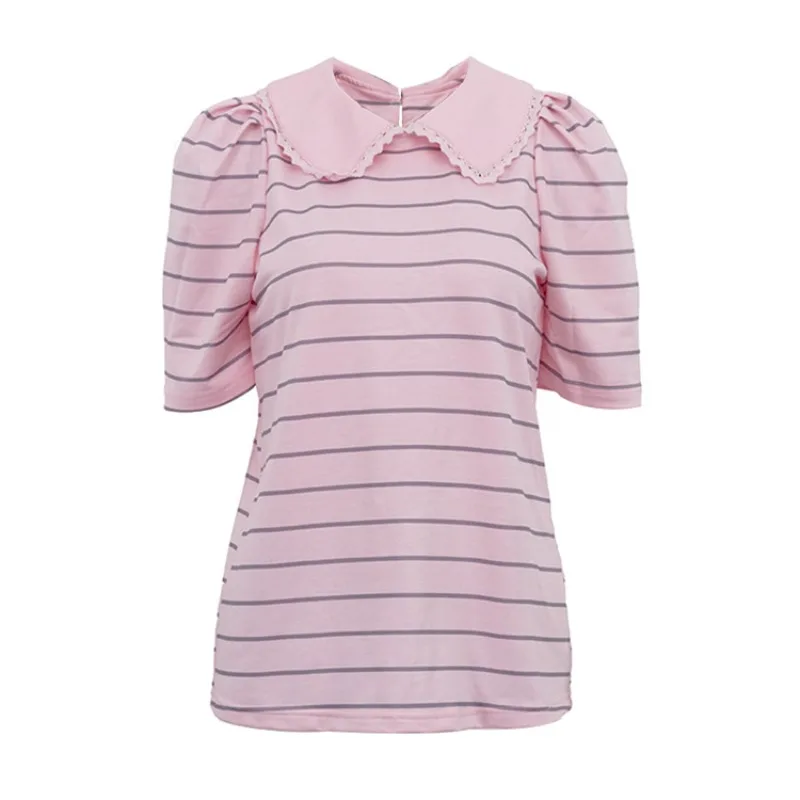 Damen Gestreiftes Kurzarm-T-Shirt mit Süßer Spitzenborte, Peter-Pan-Kragen und Puffärmeln, Sommerliche Lässige Locker Sitzende Basic-Bluse – Detail 6