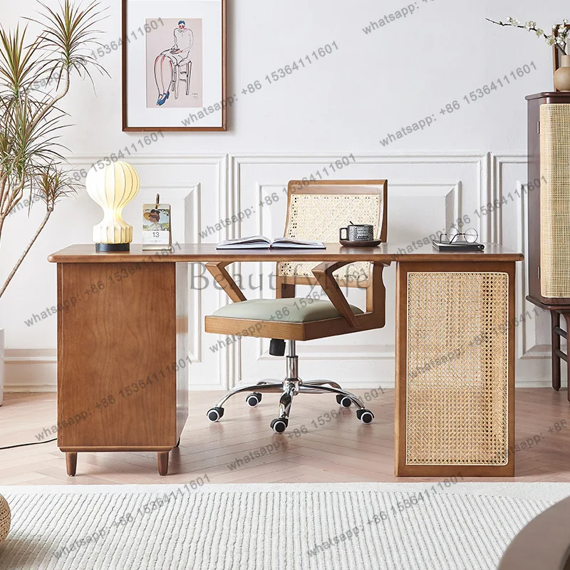 Nordic solid wood desk living room multi-functional Japanese computer rattan desk