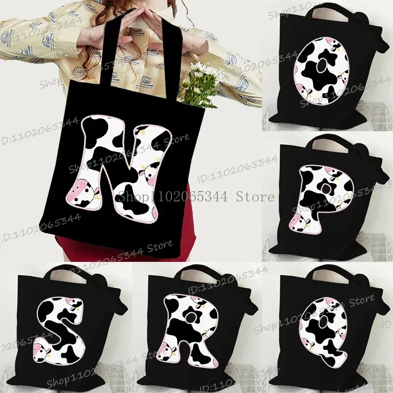 New Cow Series Women Tote Bags Cute Animal 26 Alphabet Print Canvas Eco Handbag Harajuku Fashion Cow Lover Letter Shoulder Bag